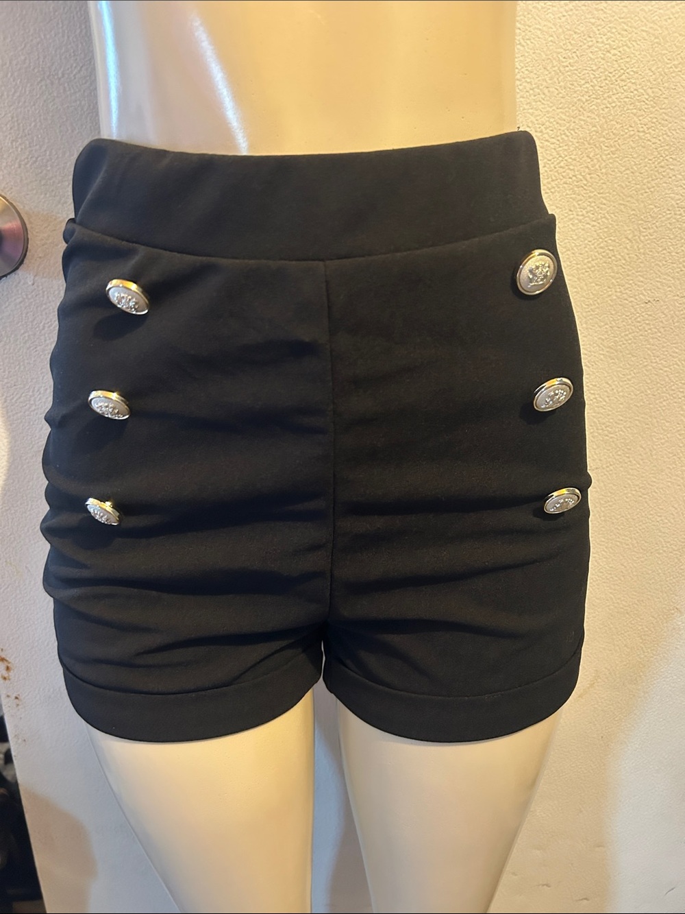 High-Waist Black Nautical Button Shorts